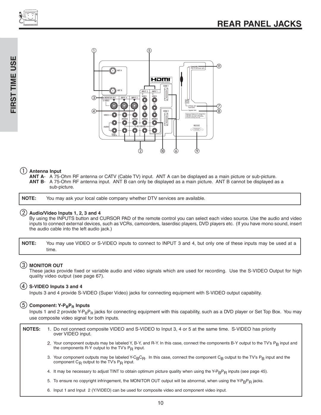 Hitachi 70VS810, 60VS810A important safety instructions Rear Panel Jacks 