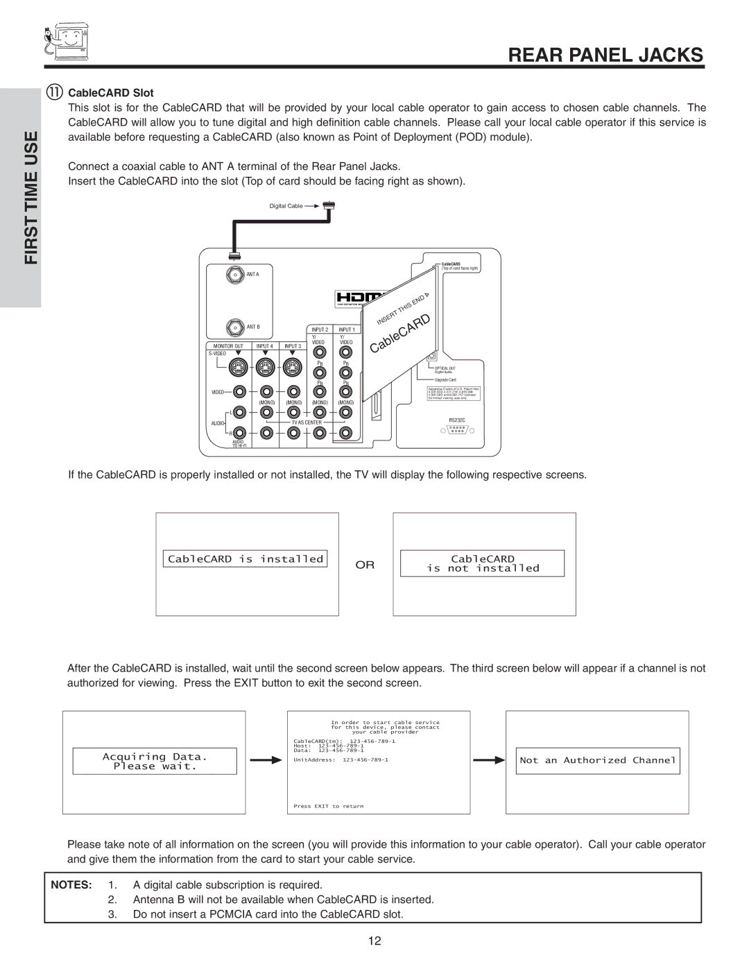 Hitachi 70VS810, 60VS810A important safety instructions CableCARD Slot 