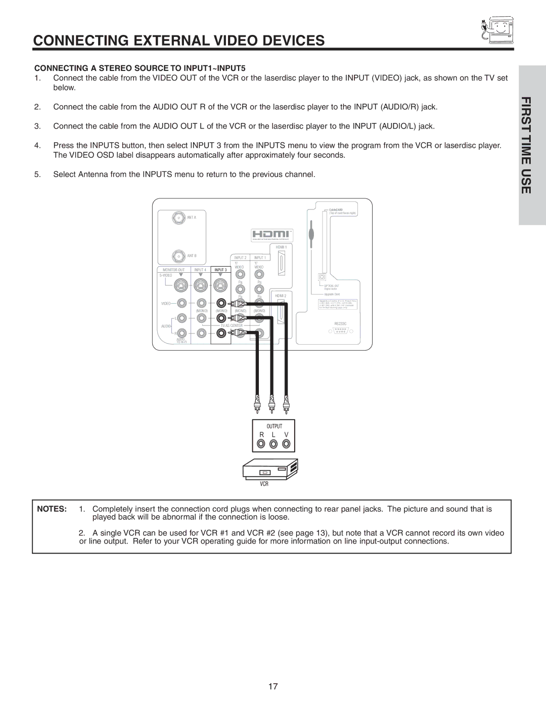 Hitachi 60VS810A, 70VS810 important safety instructions Connecting a Stereo Source to INPUT1~INPUT5, CableCARD 