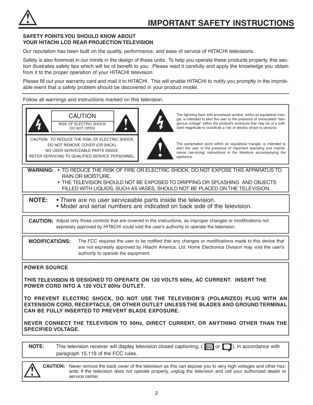 Hitachi 70VS810, 60VS810A Important Safety Instructions, Refer Servicing to Qualified Service Personnel 