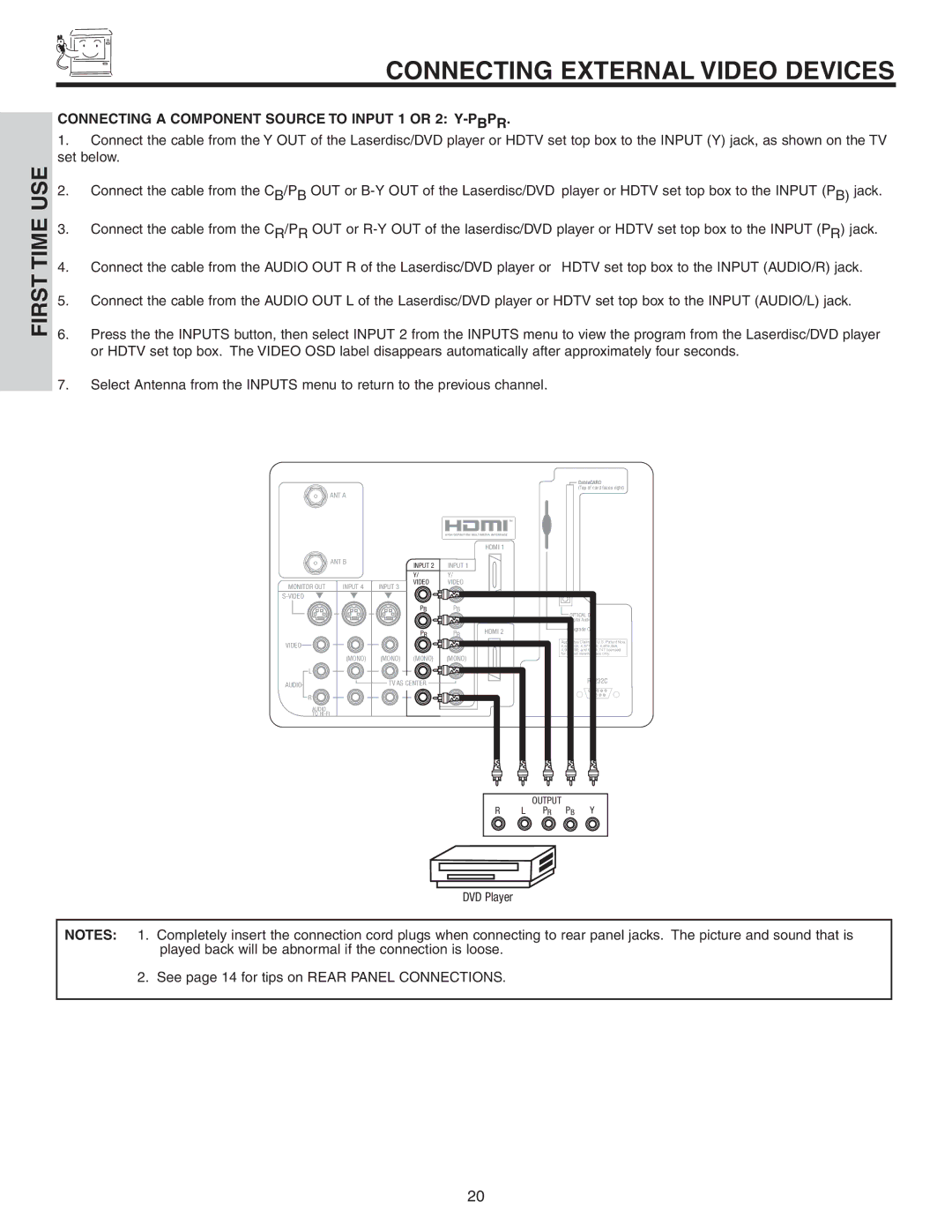 Hitachi 70VS810, 60VS810A important safety instructions Connecting a Component Source to Input 1 or 2 Y-PBPR 