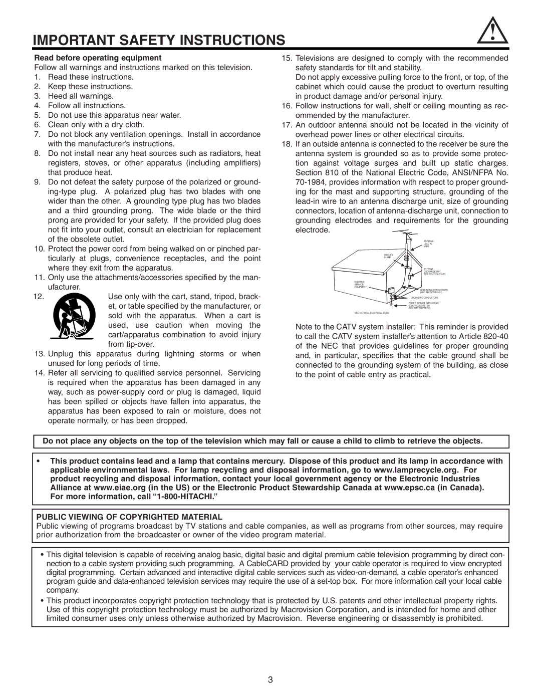 Hitachi 60VS810A, 70VS810 Read before operating equipment, Public Viewing of Copyrighted Material 