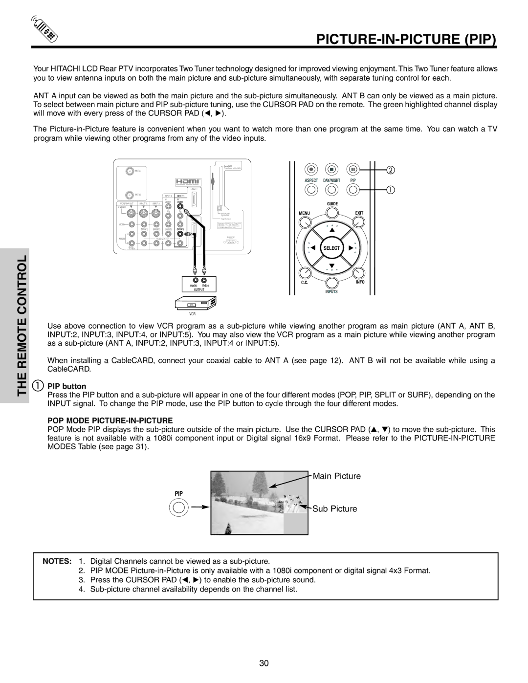 Hitachi 70VS810, 60VS810A important safety instructions Picture-In-Picture Pip, PIP button, POP Mode PICTURE-IN-PICTURE 