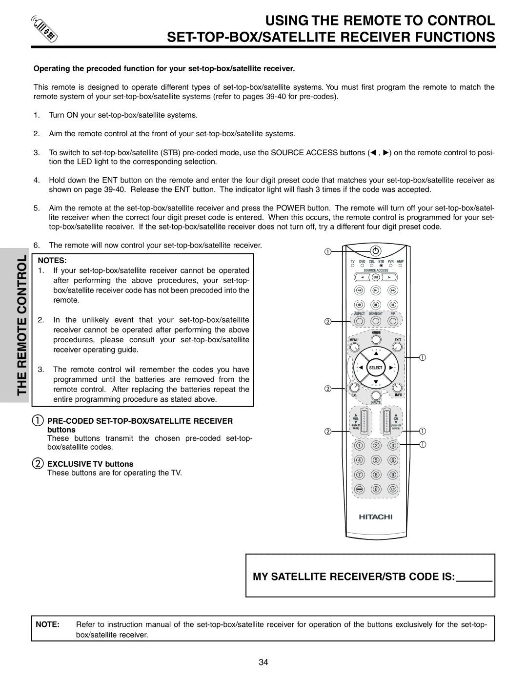 Hitachi 70VS810, 60VS810A important safety instructions PRE-CODED SET-TOP-BOX/SATELLITE Receiver buttons 