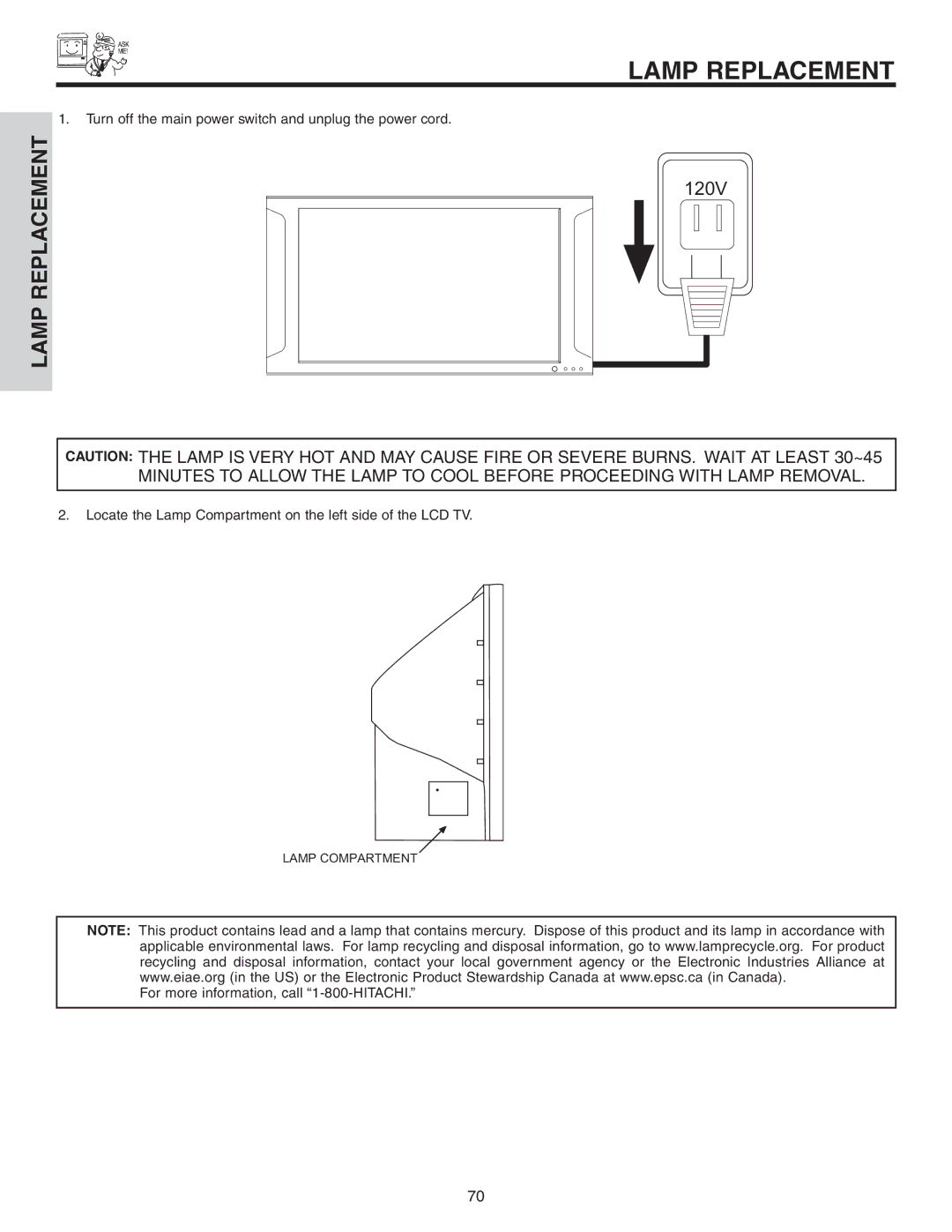 Hitachi 70VS810, 60VS810A important safety instructions Lamp Replacement 