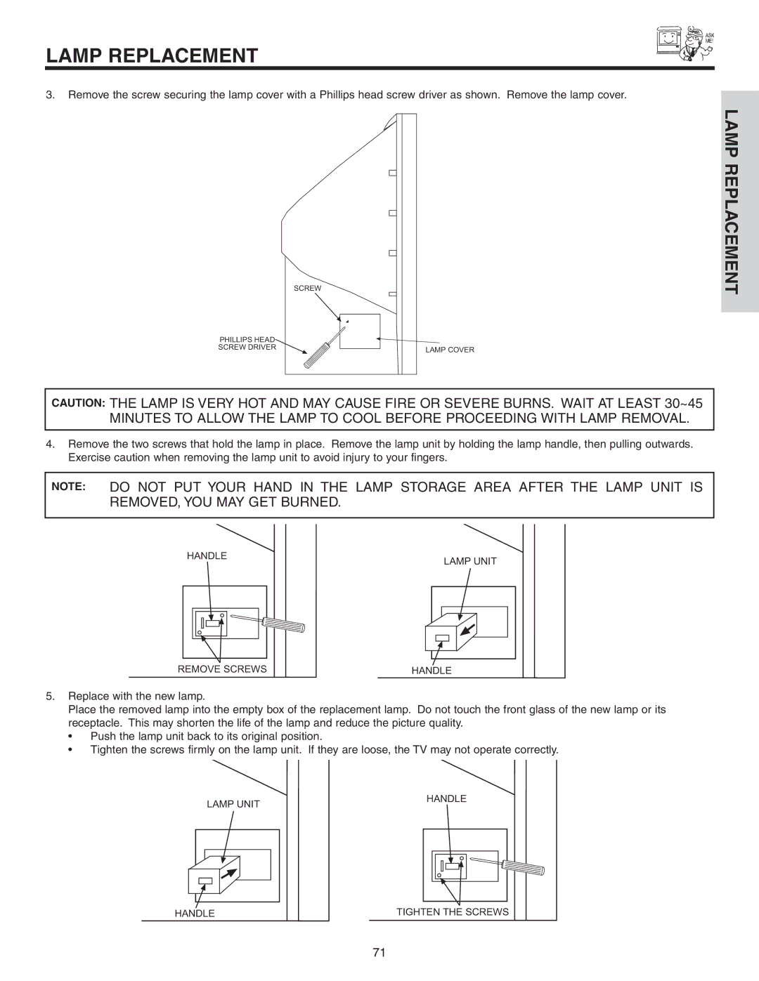 Hitachi 60VS810A, 70VS810 important safety instructions Handle Remove Screws Lamp Unit 