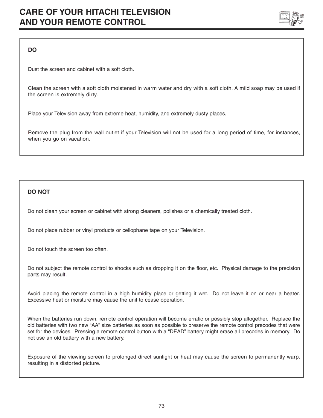 Hitachi 60VS810A, 70VS810 important safety instructions Care of Your Hitachi Television Your Remote Control, Do not 