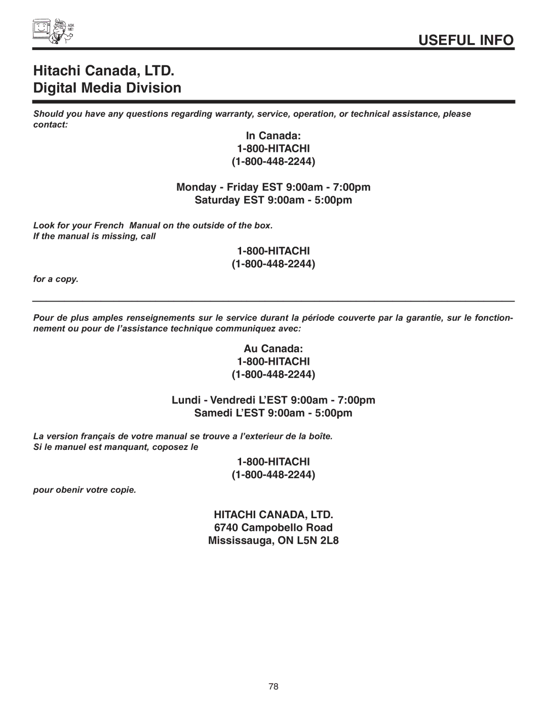 Hitachi 70VS810, 60VS810A important safety instructions Digital Media Division 