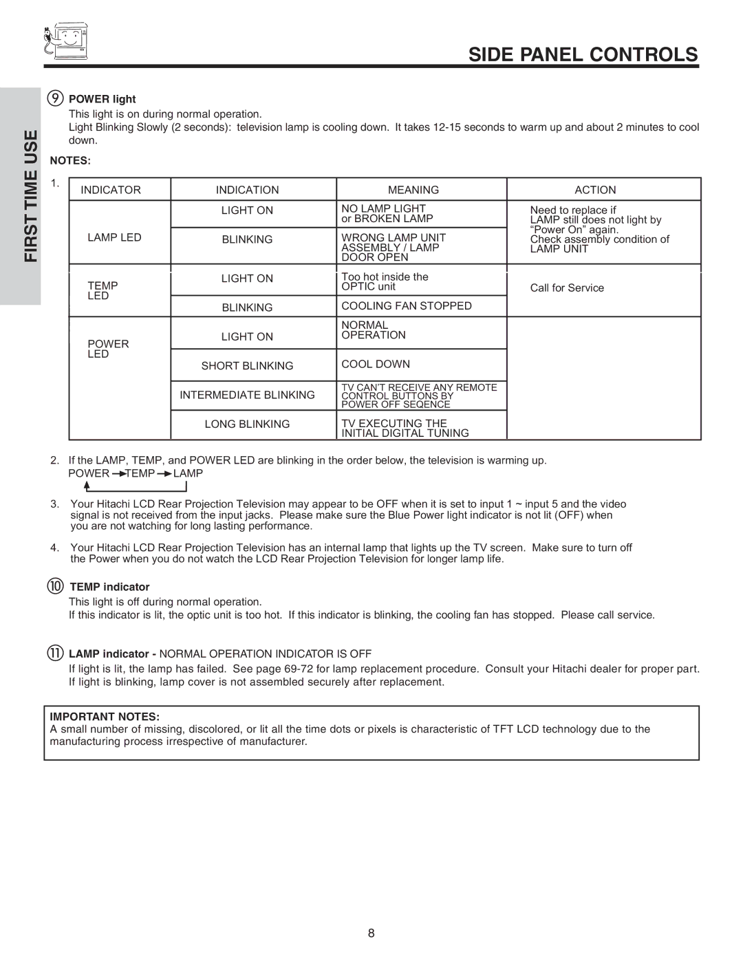 Hitachi 70VS810, 60VS810A important safety instructions Power light, Temp indicator 