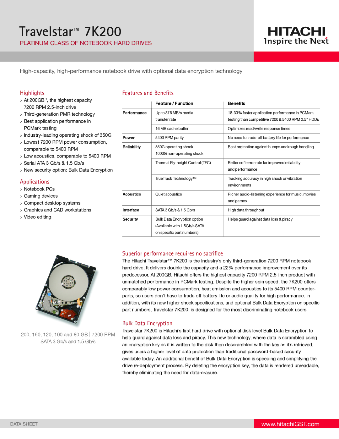 Hitachi HTS722016K9SA00, 7K200 specifications Highlights, Applications, Features and Benefits, Bulk Data Encryption 