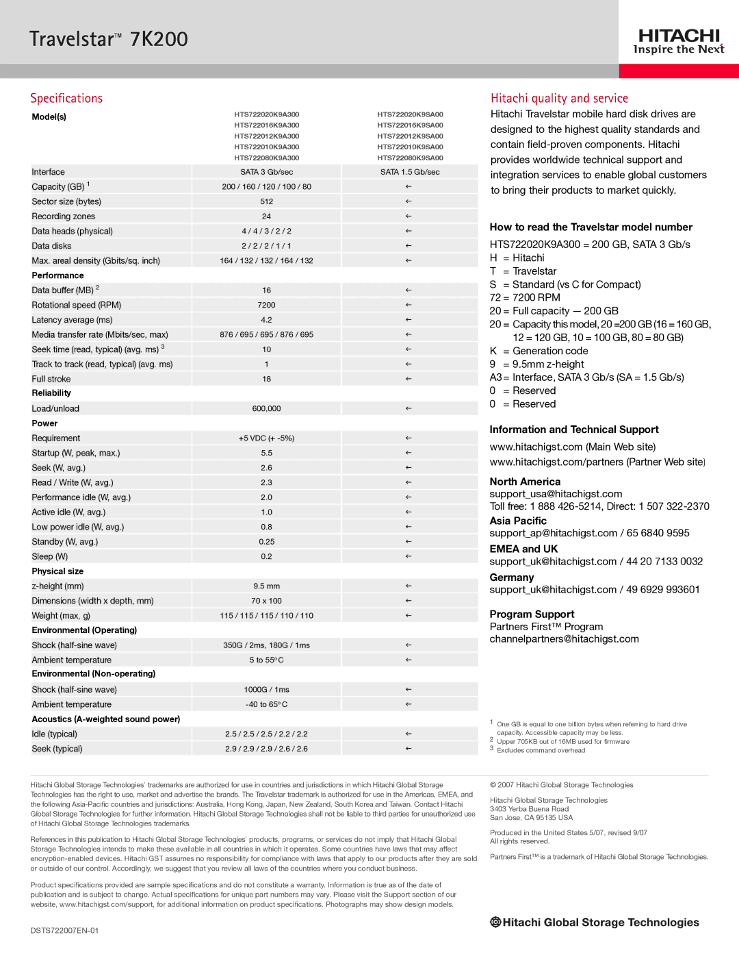 Hitachi HTS722010K9SA00, 7K200 Specifications, Hitachi quality and service, How to read the Travelstar model number 