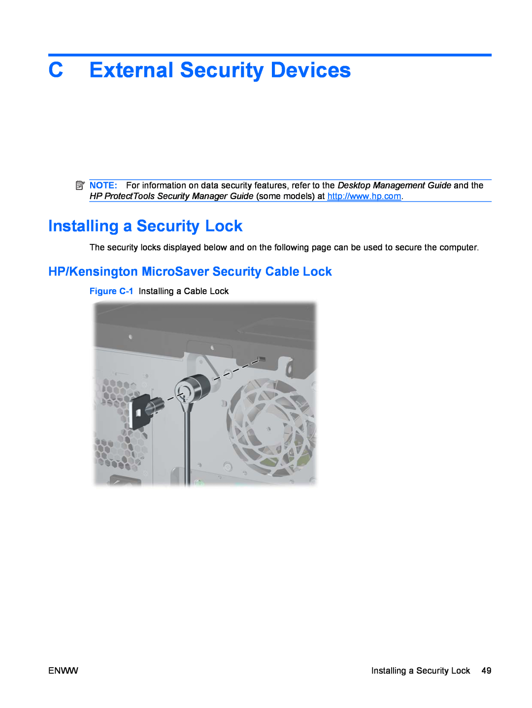 Hitachi 8000 Elite C External Security Devices, Installing a Security Lock, HP/Kensington MicroSaver Security Cable Lock 