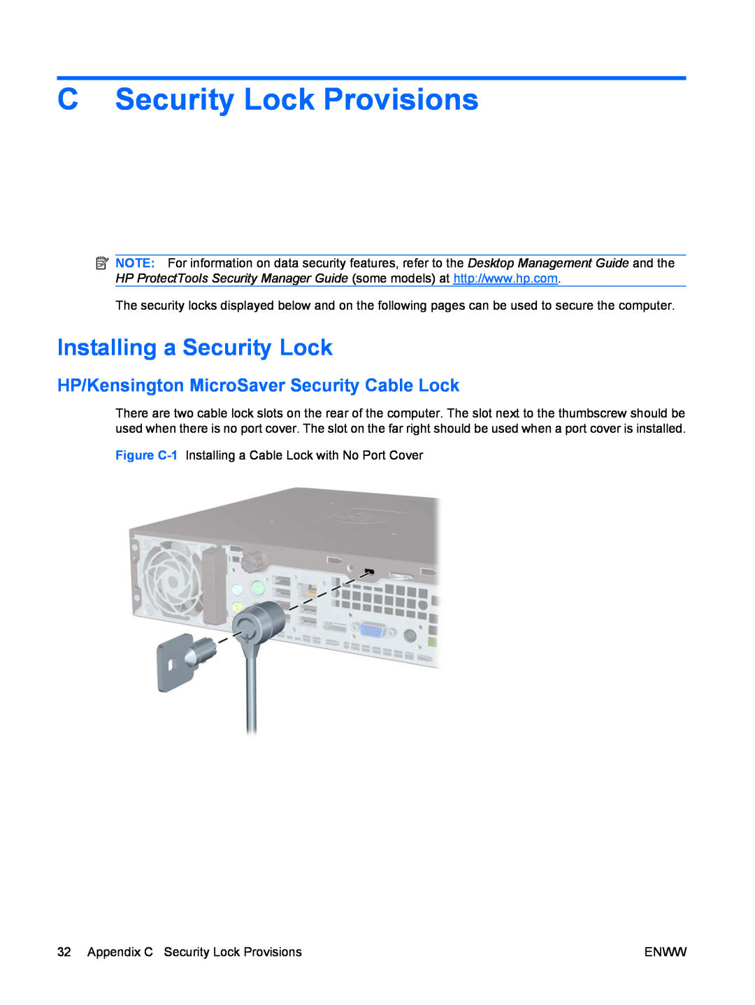 Hitachi 8000 manual C Security Lock Provisions, Installing a Security Lock, HP/Kensington MicroSaver Security Cable Lock 