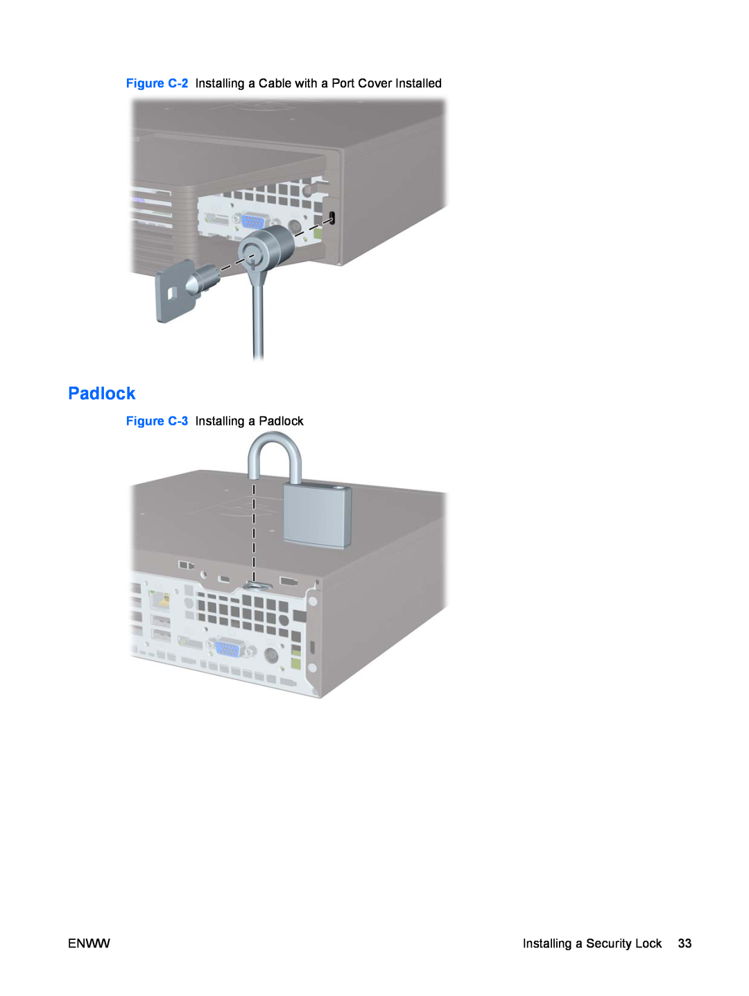 Hitachi 8000 manual Figure C-2 Installing a Cable with a Port Cover Installed, Figure C-3 Installing a Padlock, Enww 