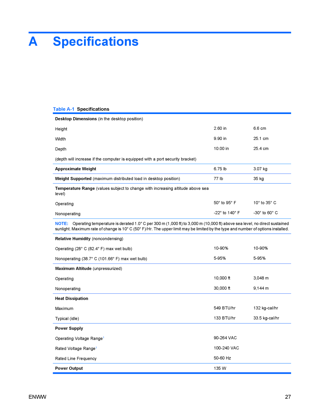 Hitachi 8000 manual Table A-1Specifications 