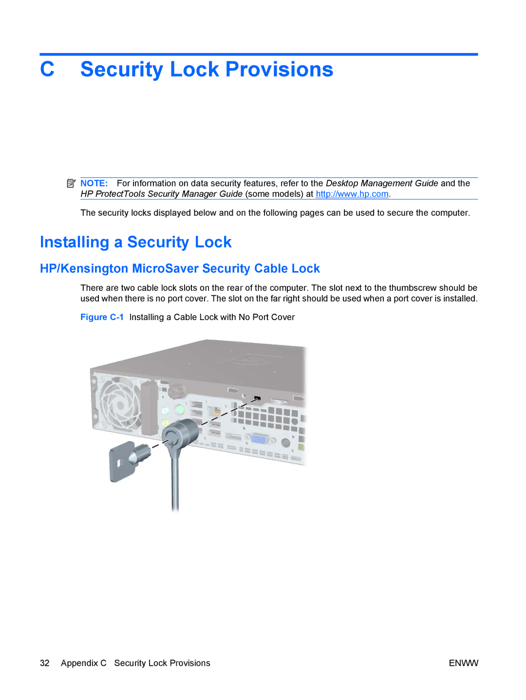 Hitachi 8000 manual Security Lock Provisions, Installing a Security Lock, HP/Kensington MicroSaver Security Cable Lock 