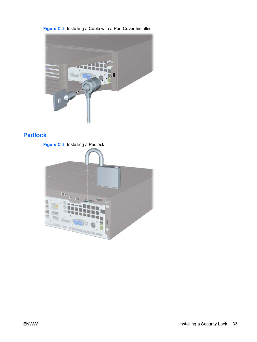 Hitachi 8000 manual Padlock, Figure C-2Installing a Cable with a Port Cover Installed 