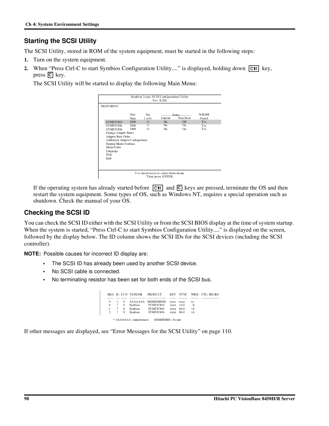 Hitachi 8450H/R manual Starting the Scsi Utility, Checking the Scsi ID 