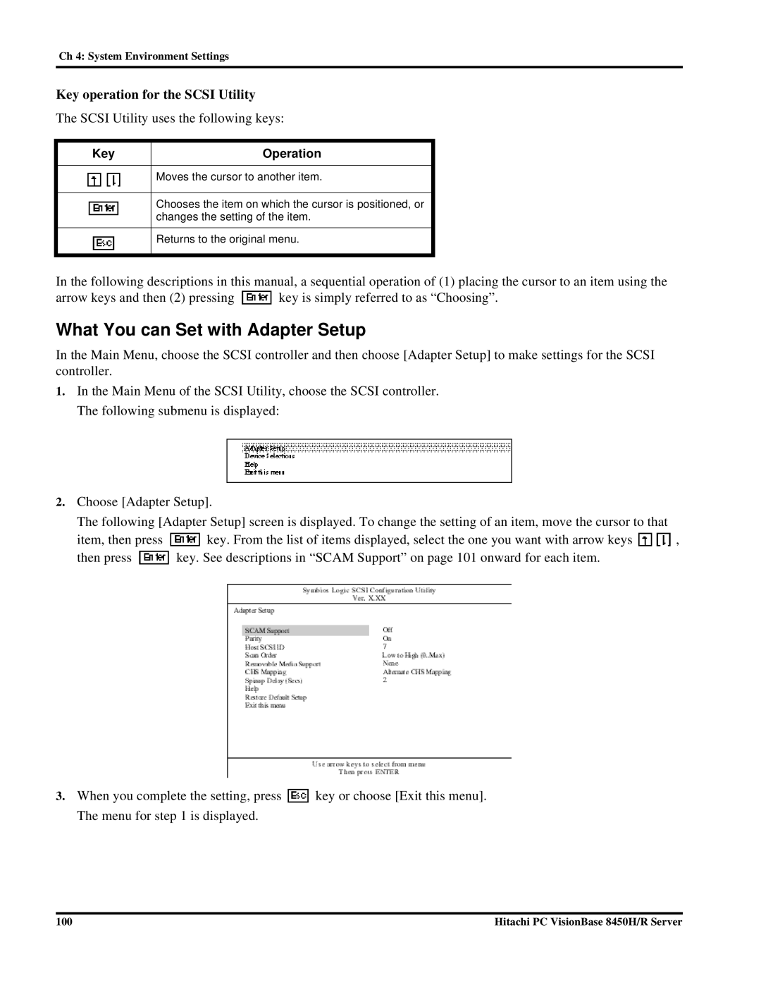 Hitachi 8450H/R manual What You can Set with Adapter Setup, Key operation for the Scsi Utility, Key Operation 