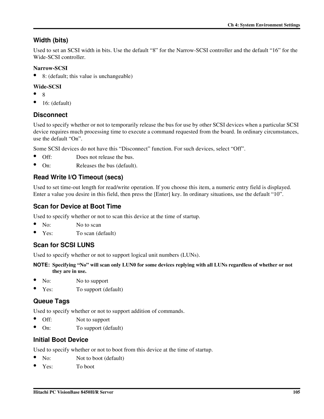 Hitachi 8450H/R Width bits, Disconnect, Read Write I/O Timeout secs, Scan for Device at Boot Time, Scan for Scsi Luns 