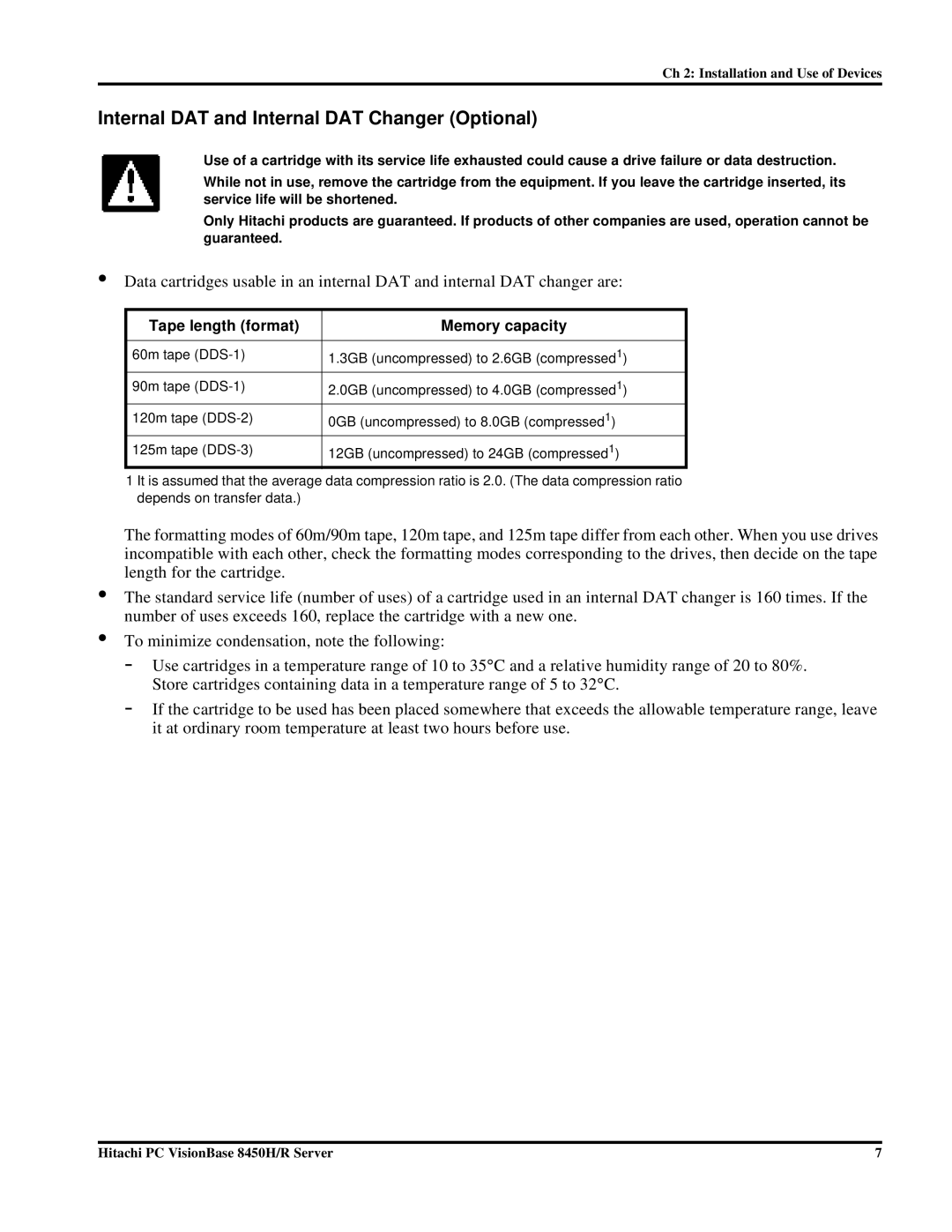 Hitachi 8450H/R manual Internal DAT and Internal DAT Changer Optional, Tape length format Memory capacity 
