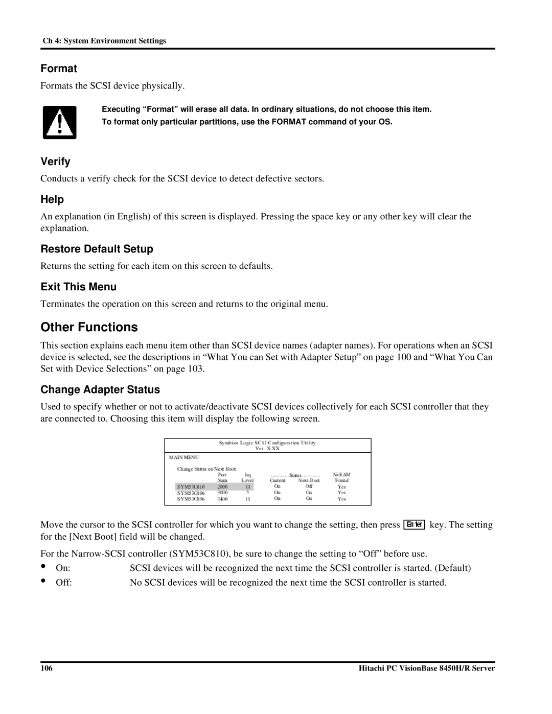 Hitachi 8450H/R manual Other Functions, Format, Verify, Change Adapter Status 