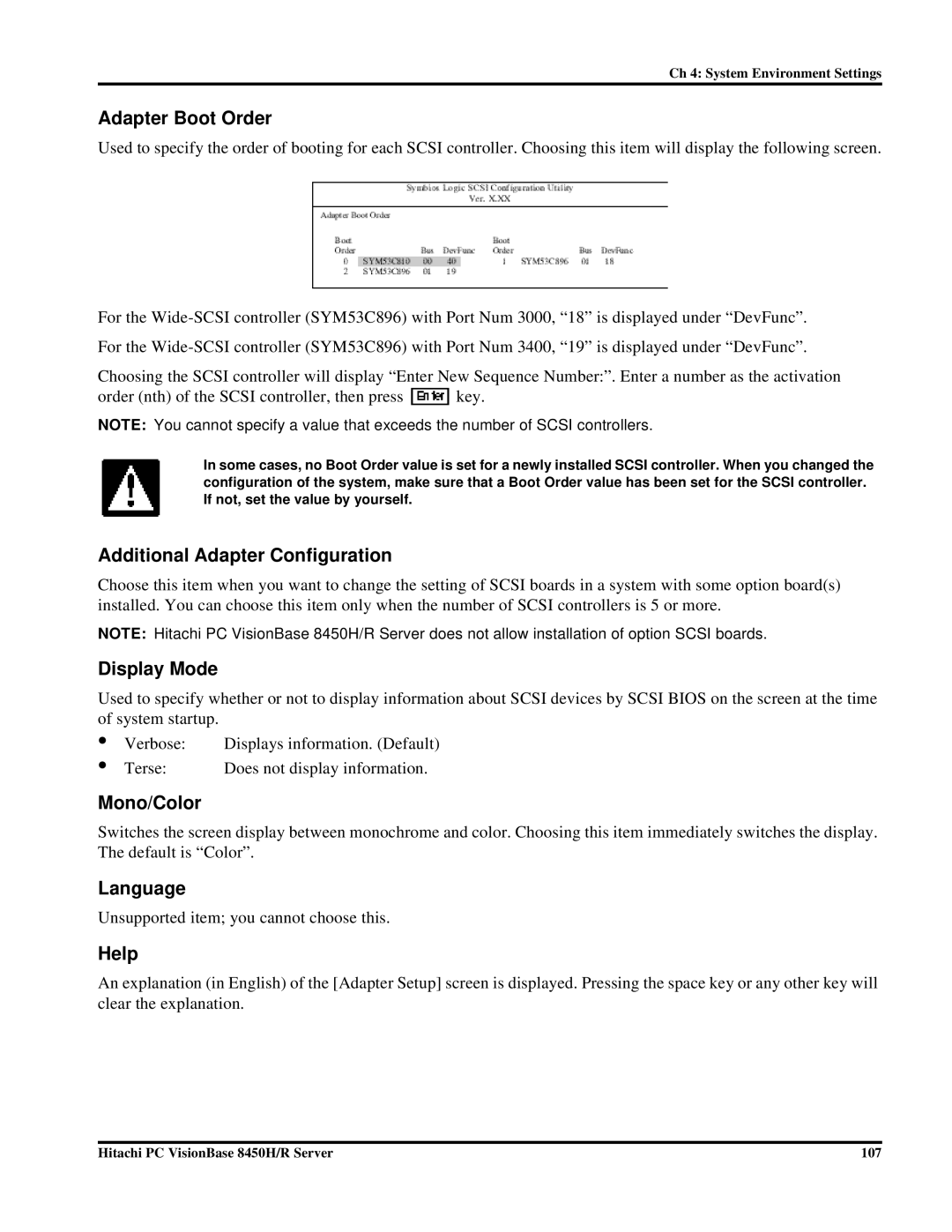 Hitachi 8450H/R manual Adapter Boot Order, Additional Adapter Configuration, Display Mode, Mono/Color, Language 