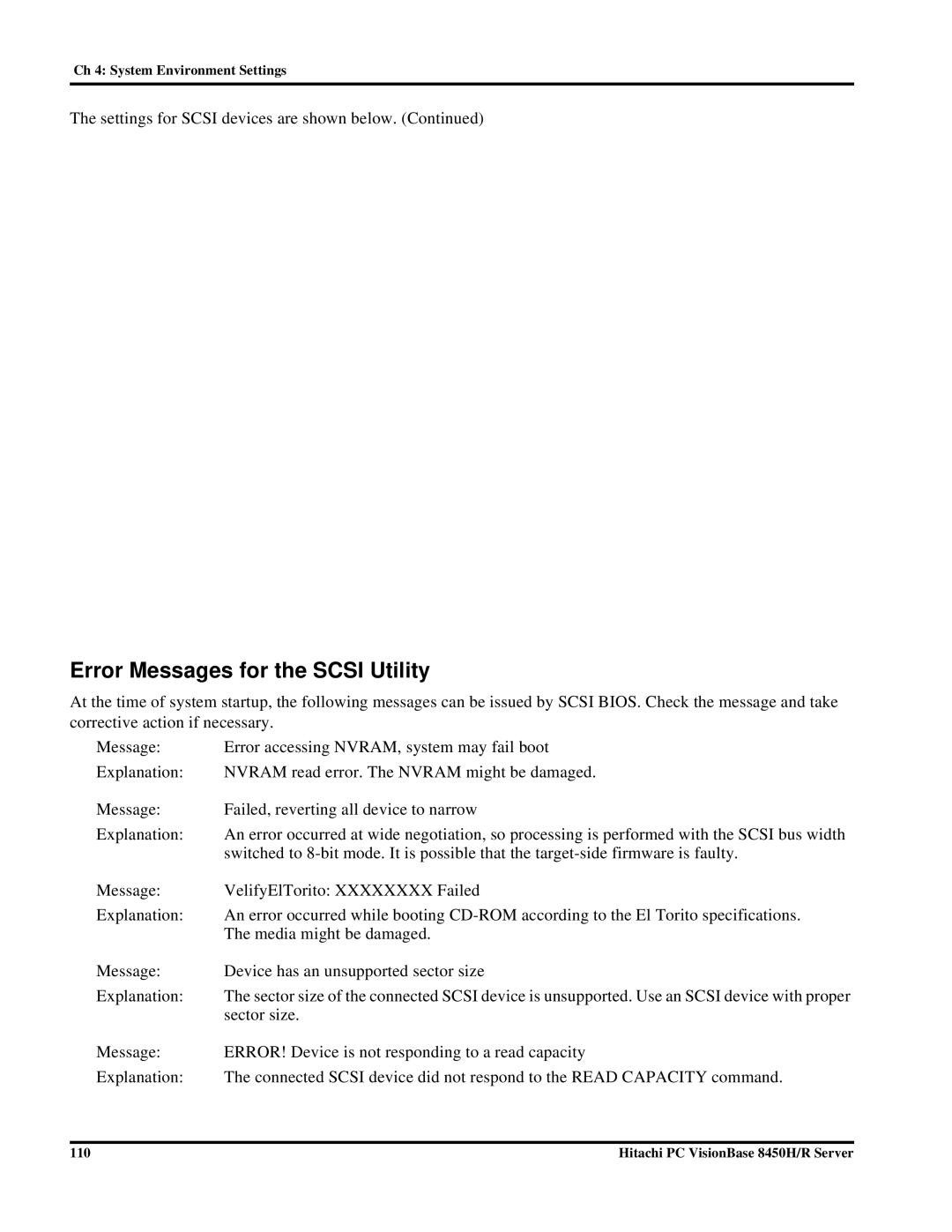 Hitachi 8450H/R manual Error Messages for the Scsi Utility 