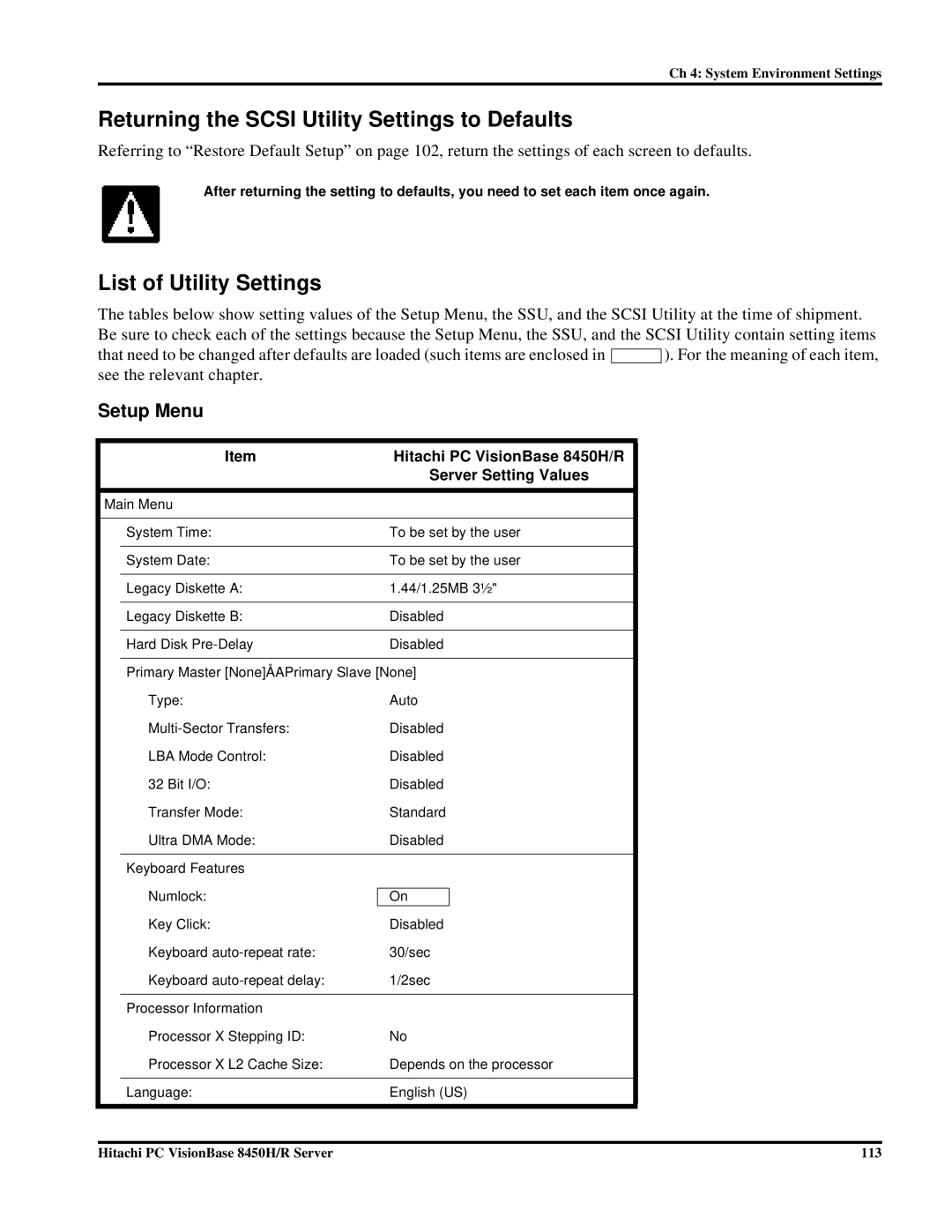 Hitachi 8450H/R manual Returning the Scsi Utility Settings to Defaults, List of Utility Settings, Setup Menu 