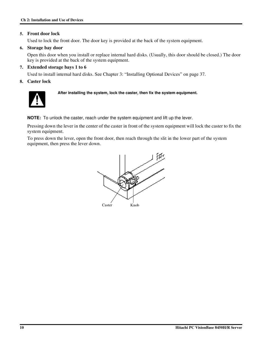 Hitachi 8450H/R manual Front door lock, Storage bay door, Extended storage bays 1 to, Caster lock 