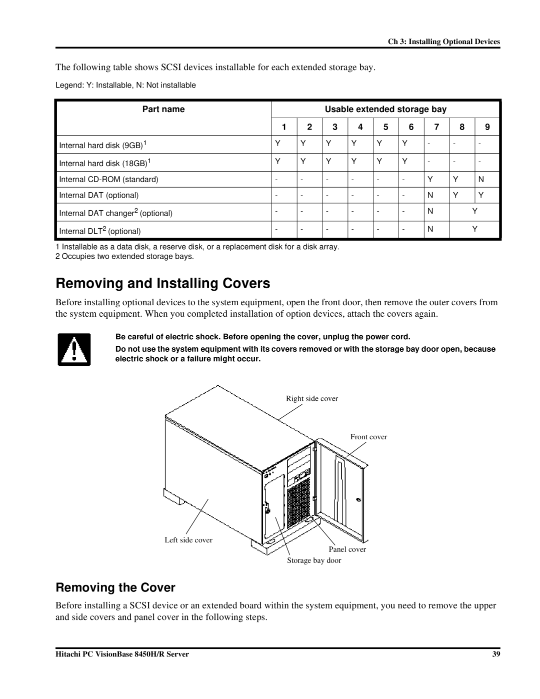 Hitachi 8450H/R manual Removing and Installing Covers, Removing the Cover, Part name Usable extended storage bay 