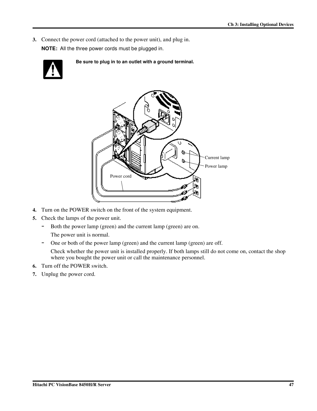 Hitachi 8450H/R manual Connect the power cord attached to the power unit, and plug 