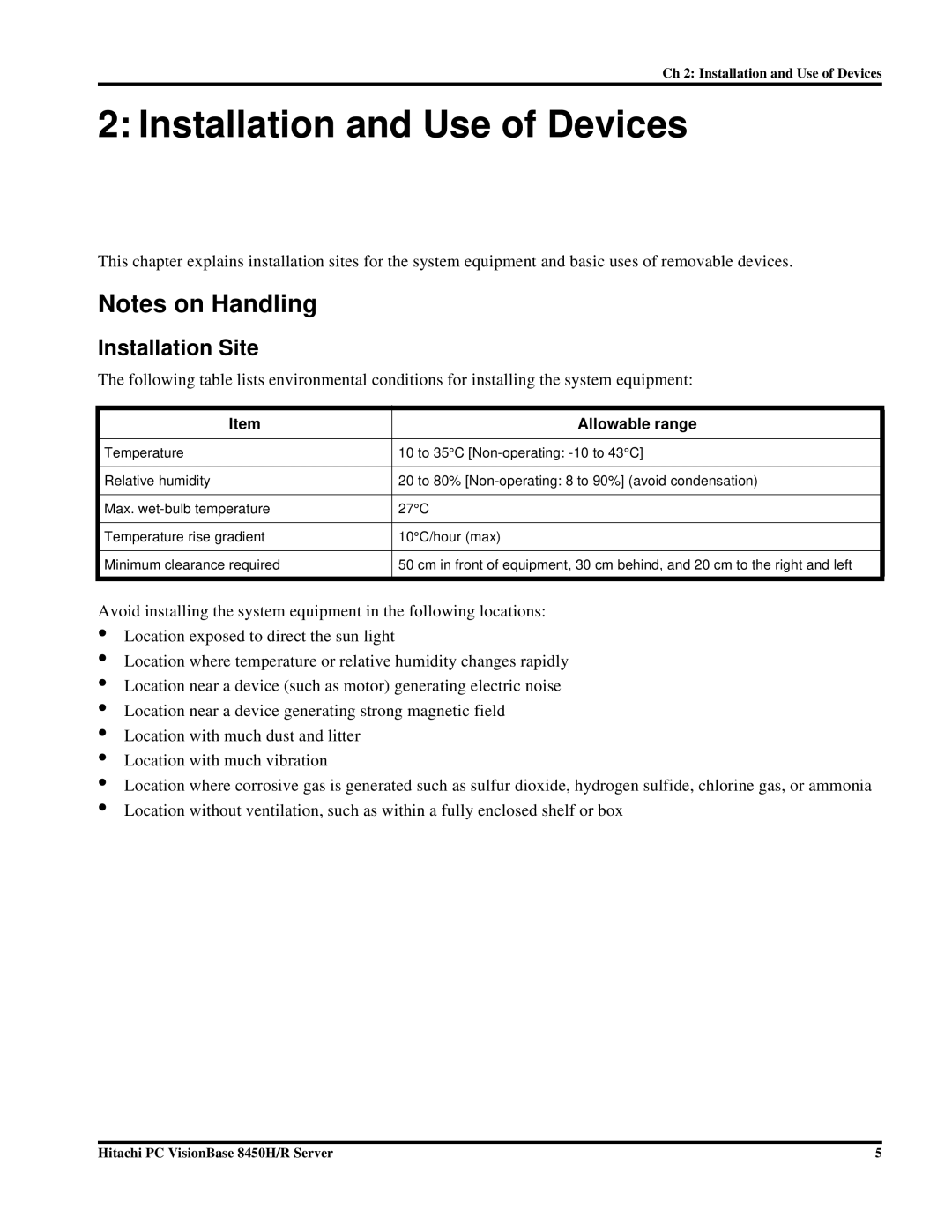 Hitachi 8450H/R manual Installation Site, Allowable range 