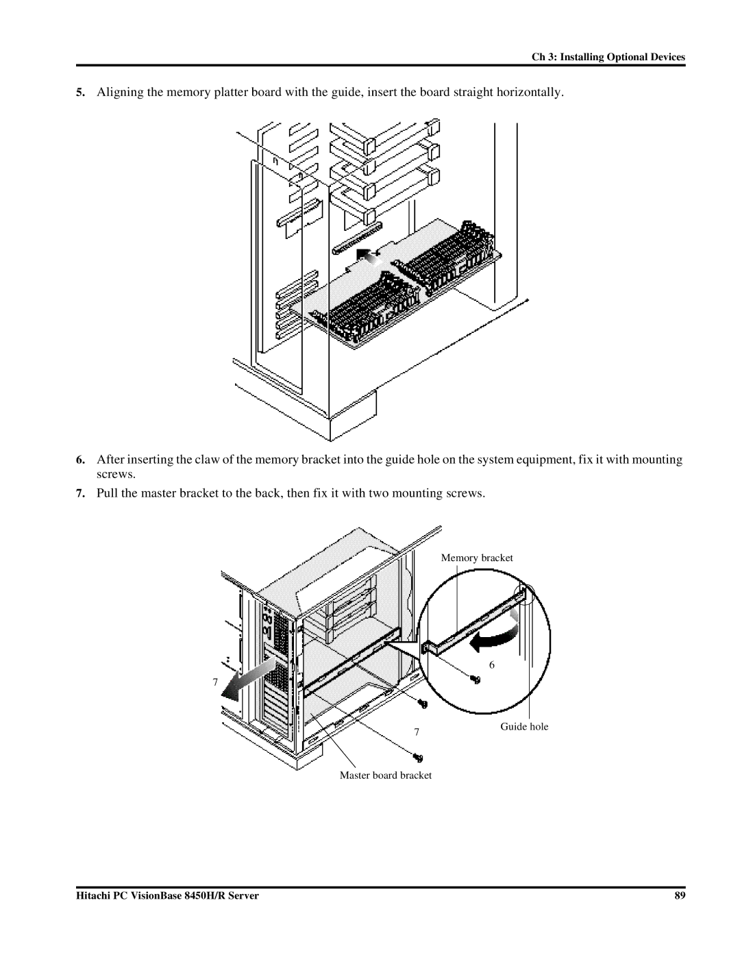Hitachi 8450H/R manual Memory bracket Guide hole Master board bracket 