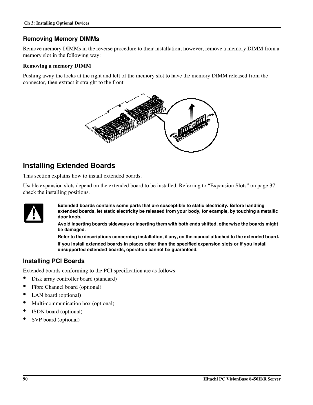 Hitachi 8450H/R manual Installing Extended Boards, Removing Memory DIMMs, Installing PCI Boards, Removing a memory Dimm 