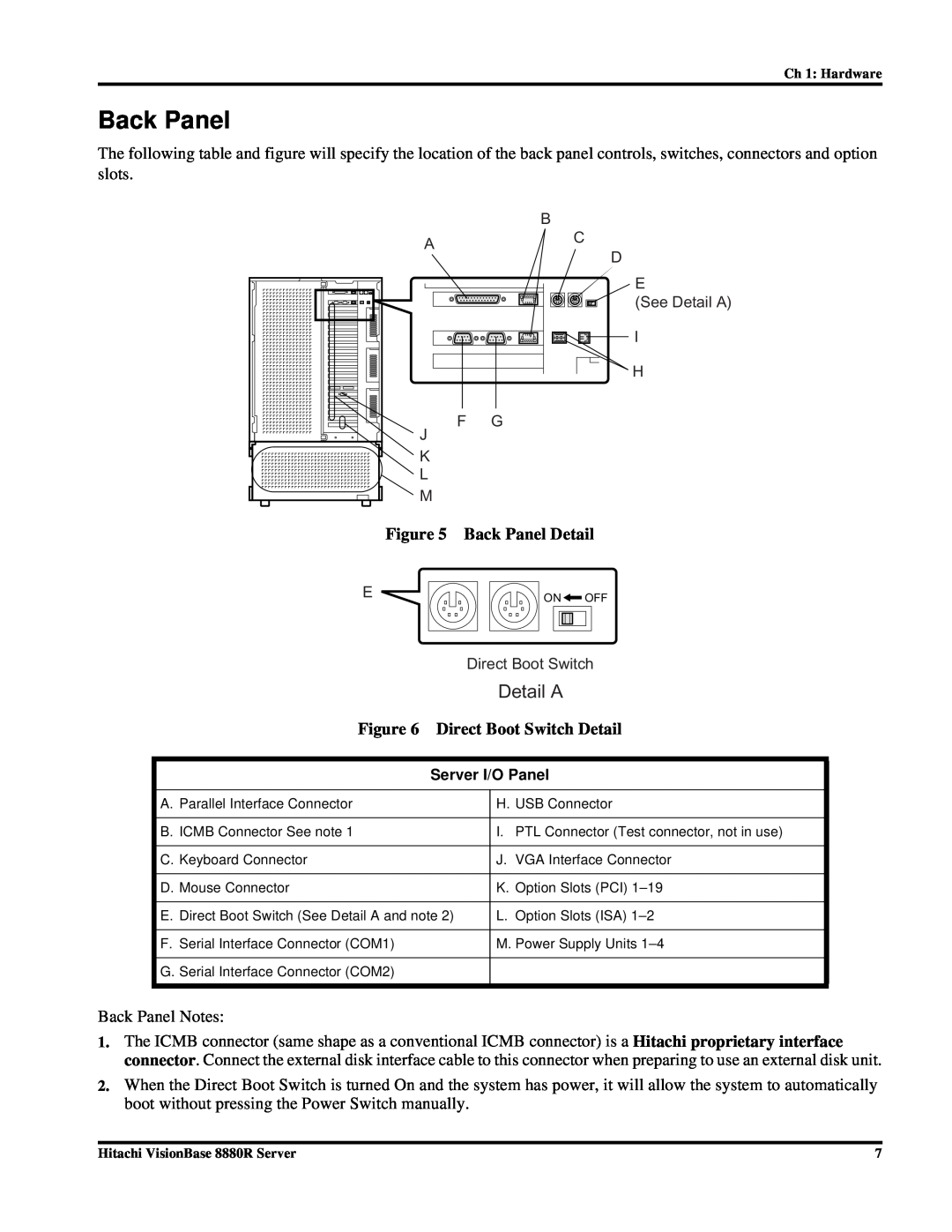 Hitachi 8880R manual Back Panel Detail, Direct Boot Switch Detail, Detail A 