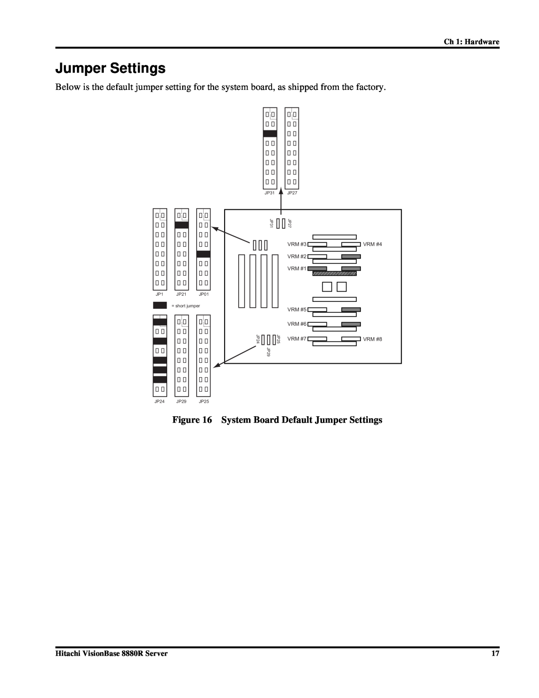 Hitachi System Board Default Jumper Settings, Ch 1 Hardware, Hitachi VisionBase 8880R Server, VRM #3, VRM #4, JP31 