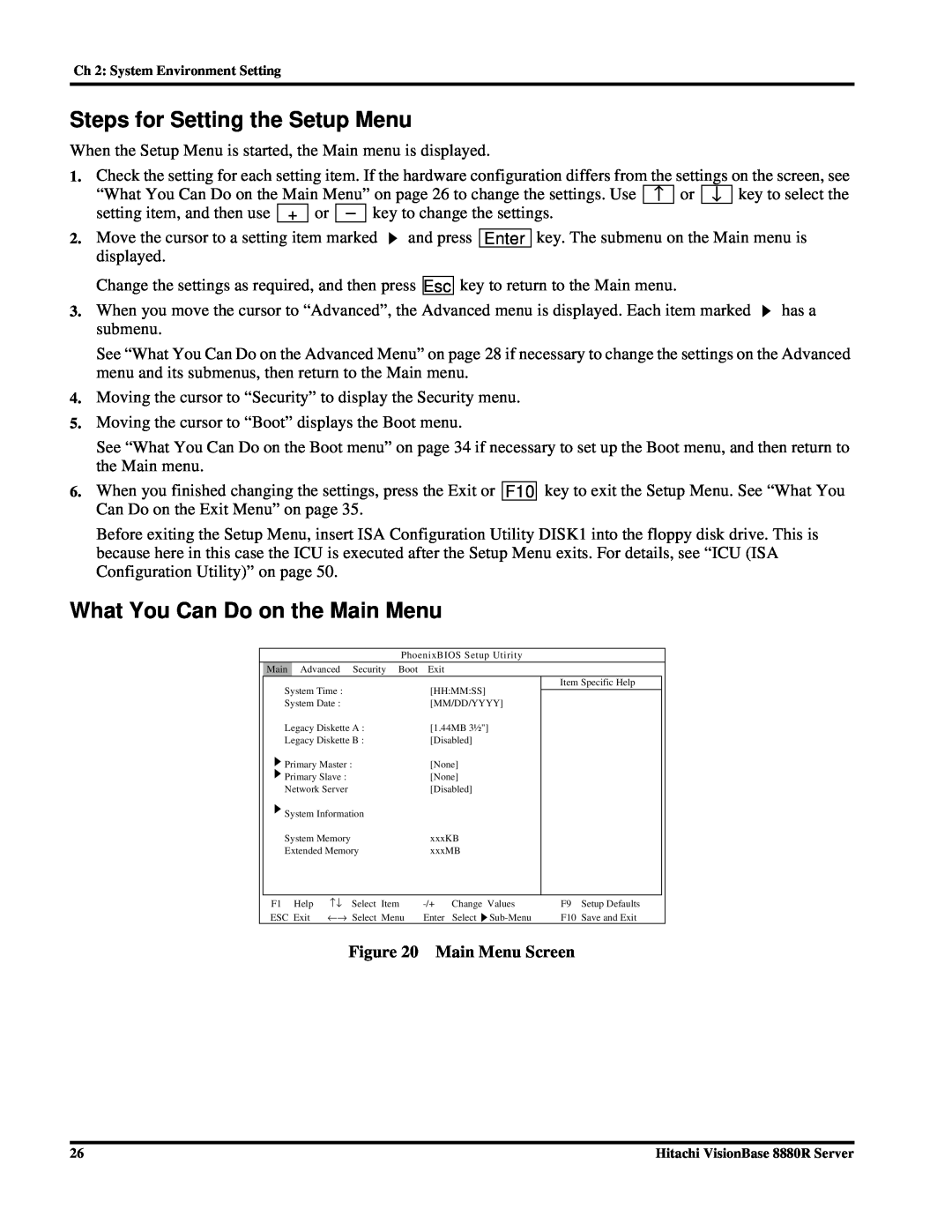Hitachi 8880R manual Steps for Setting the Setup Menu, What You Can Do on the Main Menu, Main Menu Screen 