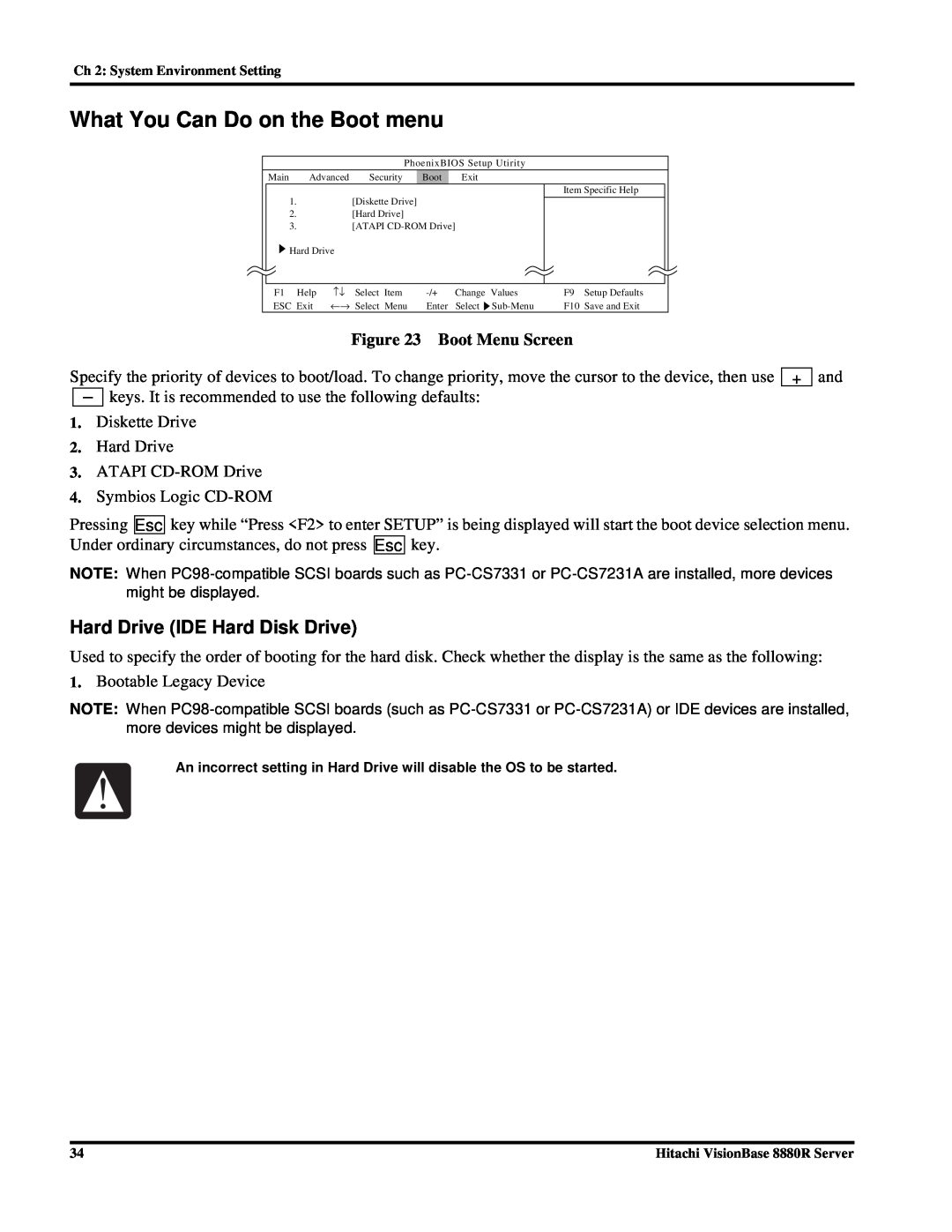 Hitachi 8880R manual What You Can Do on the Boot menu, Hard Drive IDE Hard Disk Drive, Boot Menu Screen 