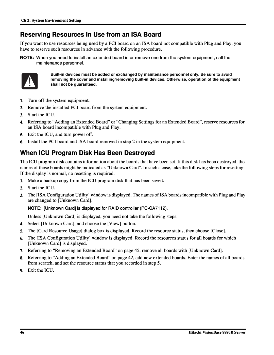 Hitachi 8880R manual Reserving Resources In Use from an ISA Board, When ICU Program Disk Has Been Destroyed 