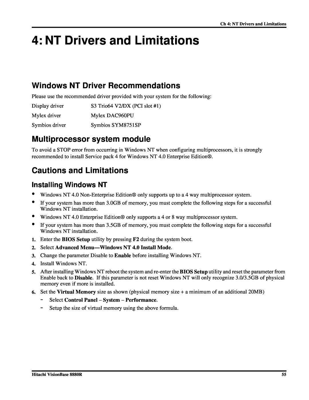 Hitachi 8880R manual NT Drivers and Limitations, Windows NT Driver Recommendations, Multiprocessor system module 