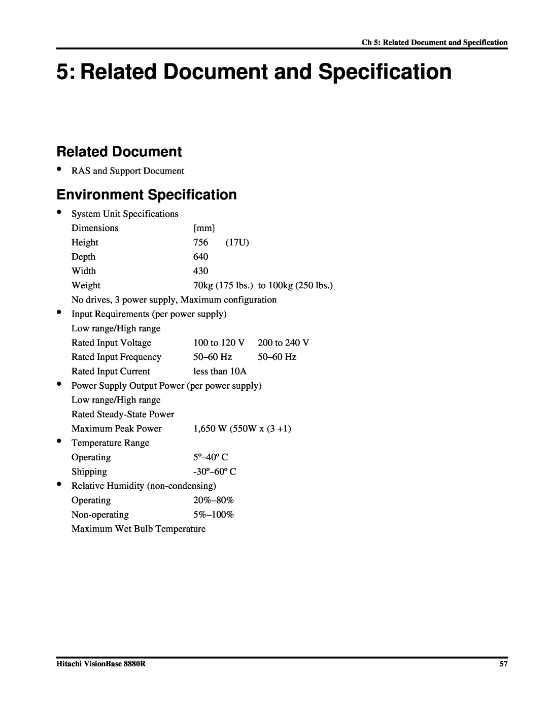 Hitachi 8880R manual Related Document and Specification, Environment Specification 