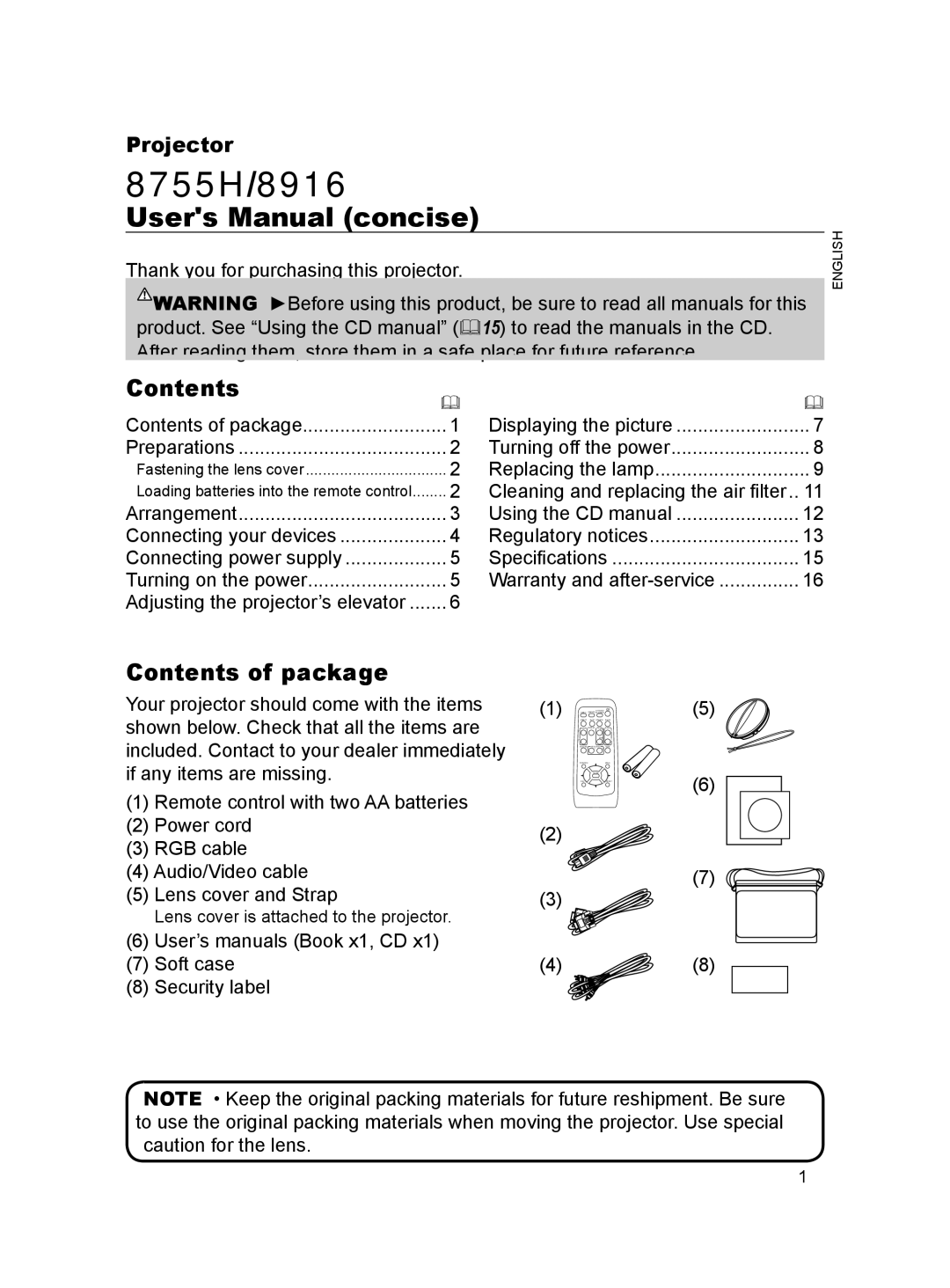 Hitachi 8755H, 8916 user manual Contents of package 