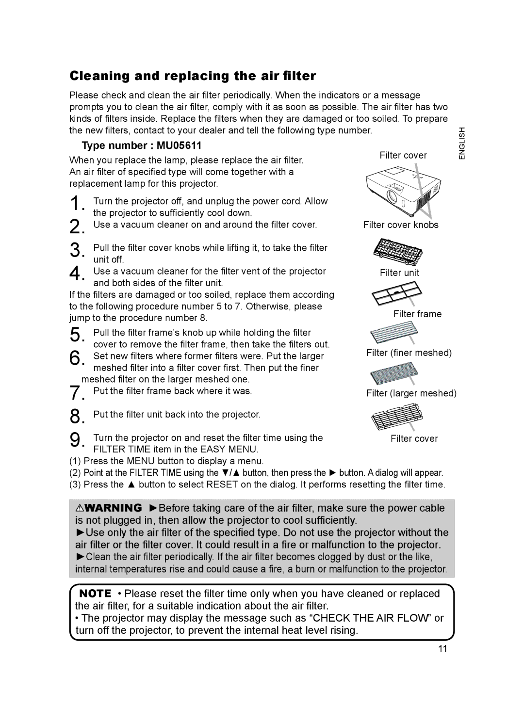 Hitachi 8755H, 8916 user manual Cleaning and replacing the air filter, Type number MU05611 