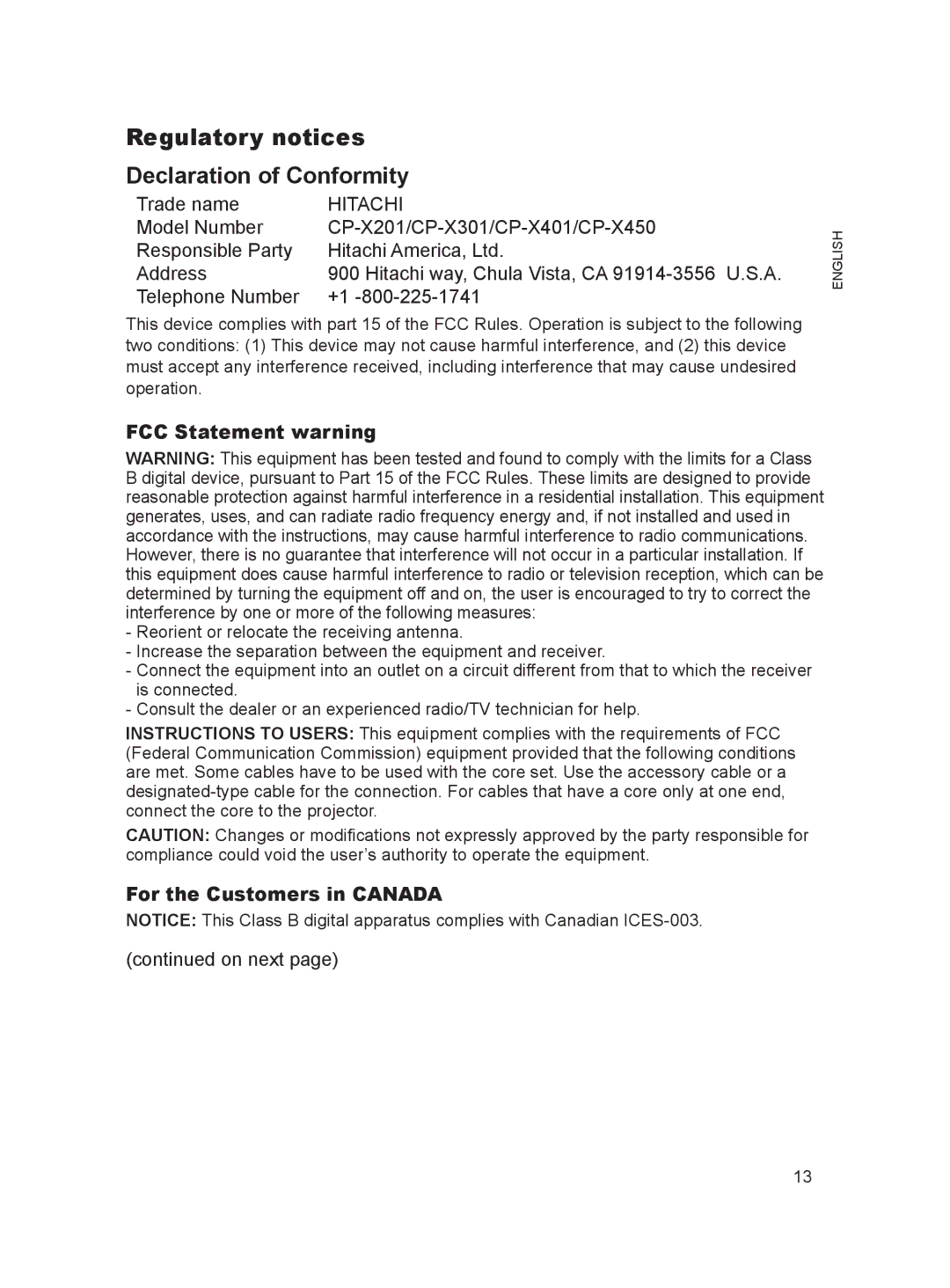 Hitachi 8755H, 8916 Regulatory notices Declaration of Conformity, FCC Statement warning, For the Customers in Canada 