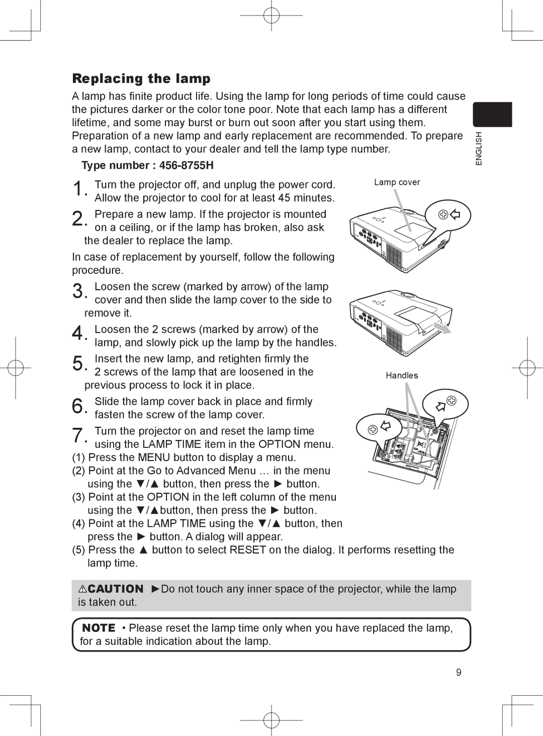 Hitachi 8916 user manual Replacing the lamp, Type number 456-8755H 