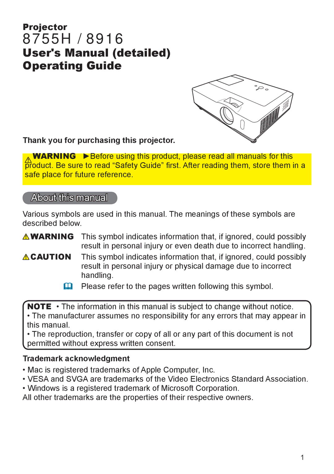 Hitachi 8916 user manual About this manual, Thank you for purchasing this projector, Trademark acknowledgment 