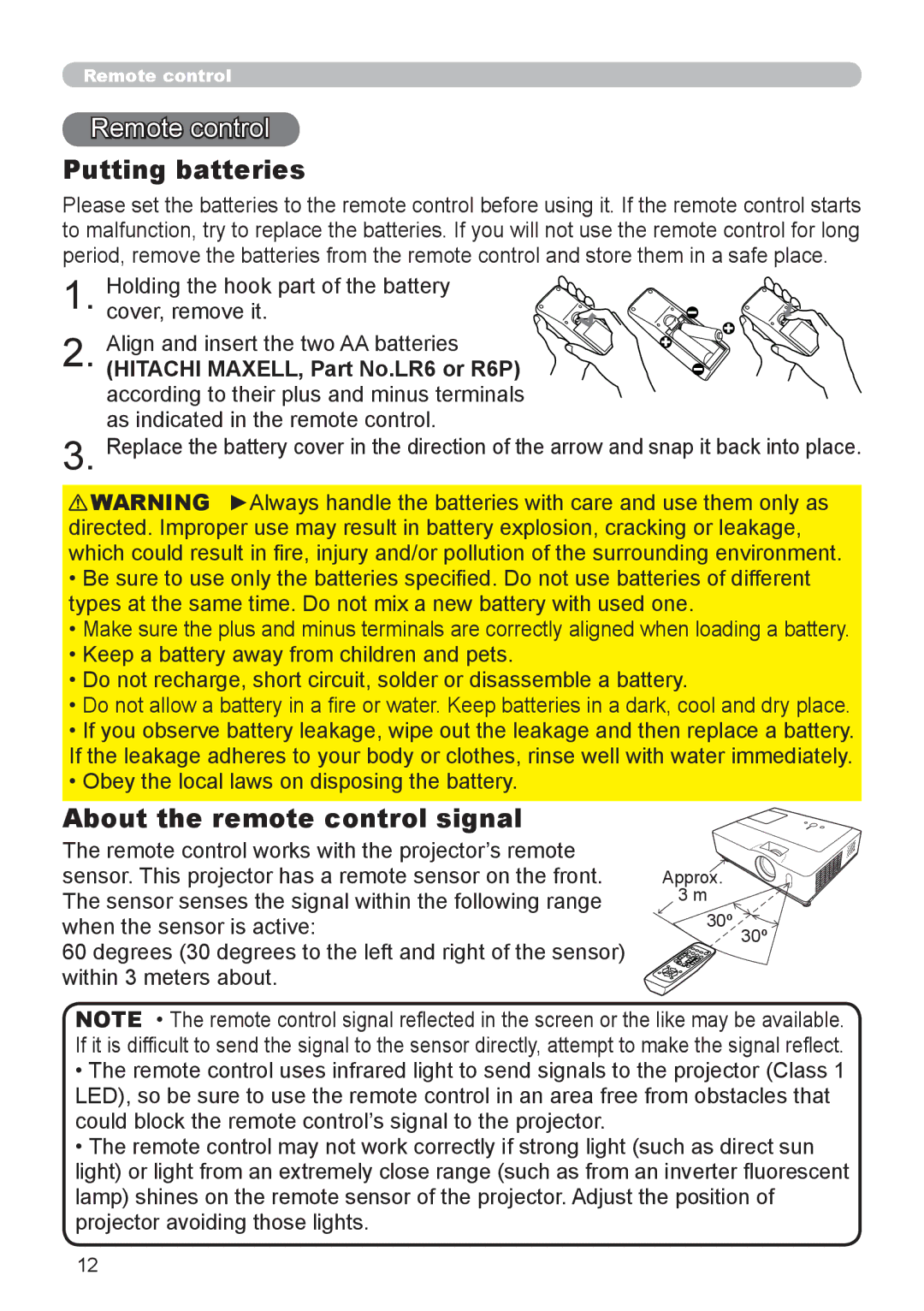 Hitachi 8916 user manual Remote control, Putting batteries, About the remote control signal 