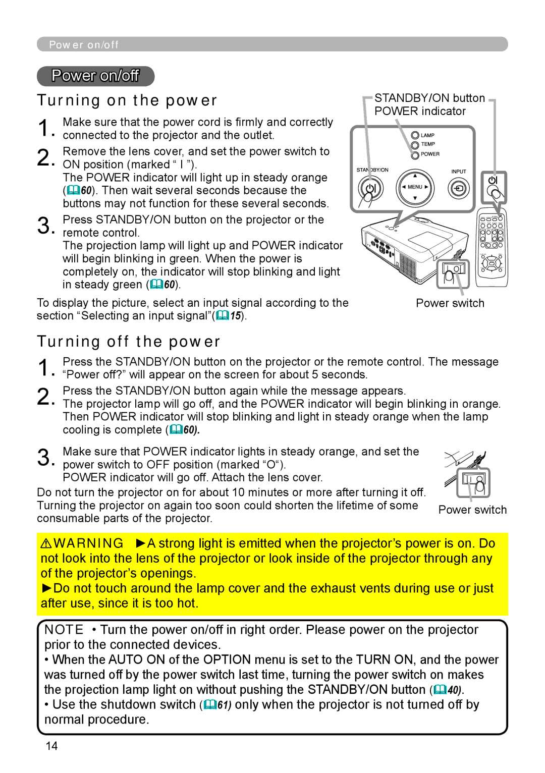 Hitachi 8916 user manual Power on/off, Turning on the power, Turning off the power 