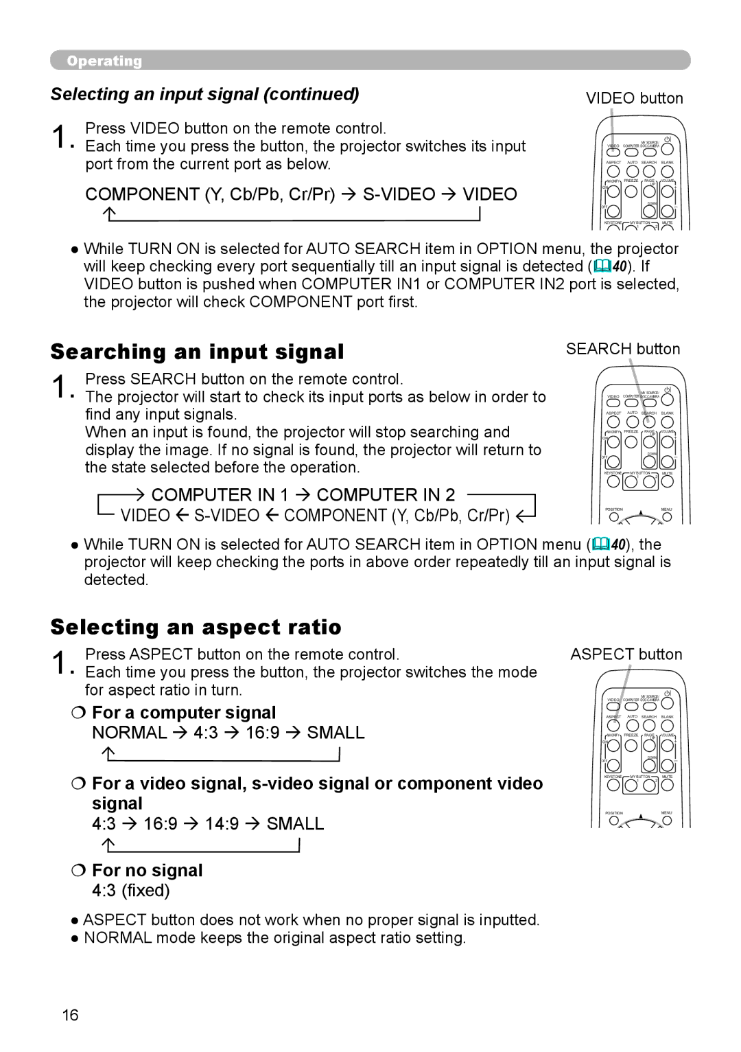 Hitachi 8916 Searching an input signal, Selecting an aspect ratio, Selecting an input signal,  For a computer signal 